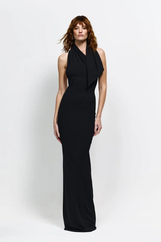 Carlson Gown in Black by Effie Kats, asymmetrical neckline with draped bodice and dramatic open back, perfect for making a refined and elegant statement at evening events or formal occasions.