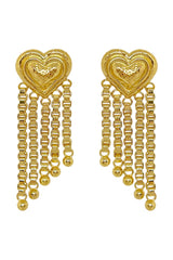 Carmen Earrings by Porter Jewellery — gold heart-drop earrings with chain fringe and a polished textured finish, perfect for bold feminine styling.
