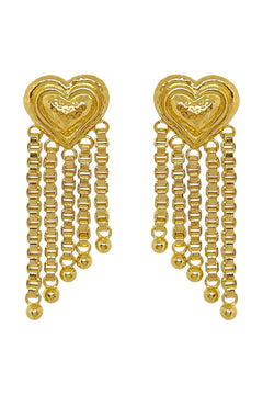Carmen Earrings by Porter Jewellery — gold heart-drop earrings with chain fringe and a polished textured finish, perfect for bold feminine styling.