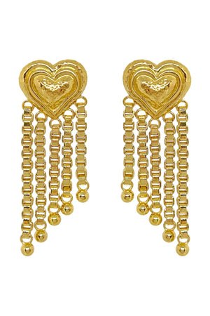 Carmen Earrings by Porter Jewellery — gold heart-drop earrings with chain fringe and a polished textured finish, perfect for bold feminine styling.