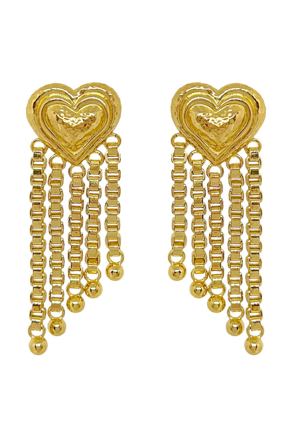Carmen Earrings by Porter Jewellery — gold heart-drop earrings with chain fringe and a polished textured finish, perfect for bold feminine styling.