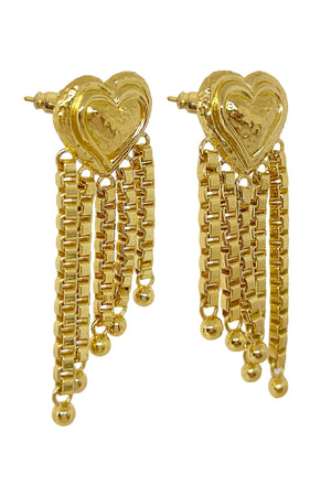 Carmen Earrings by Porter Jewellery — gold heart-drop earrings with chain fringe and a polished textured finish, perfect for bold feminine styling.
