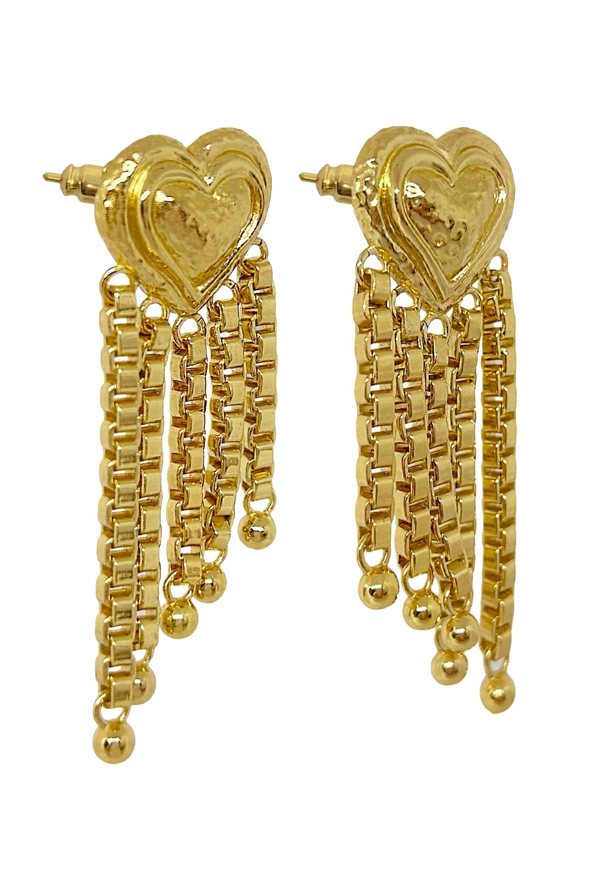 Carmen Earrings by Porter Jewellery — gold heart-drop earrings with chain fringe and a polished textured finish, perfect for bold feminine styling.