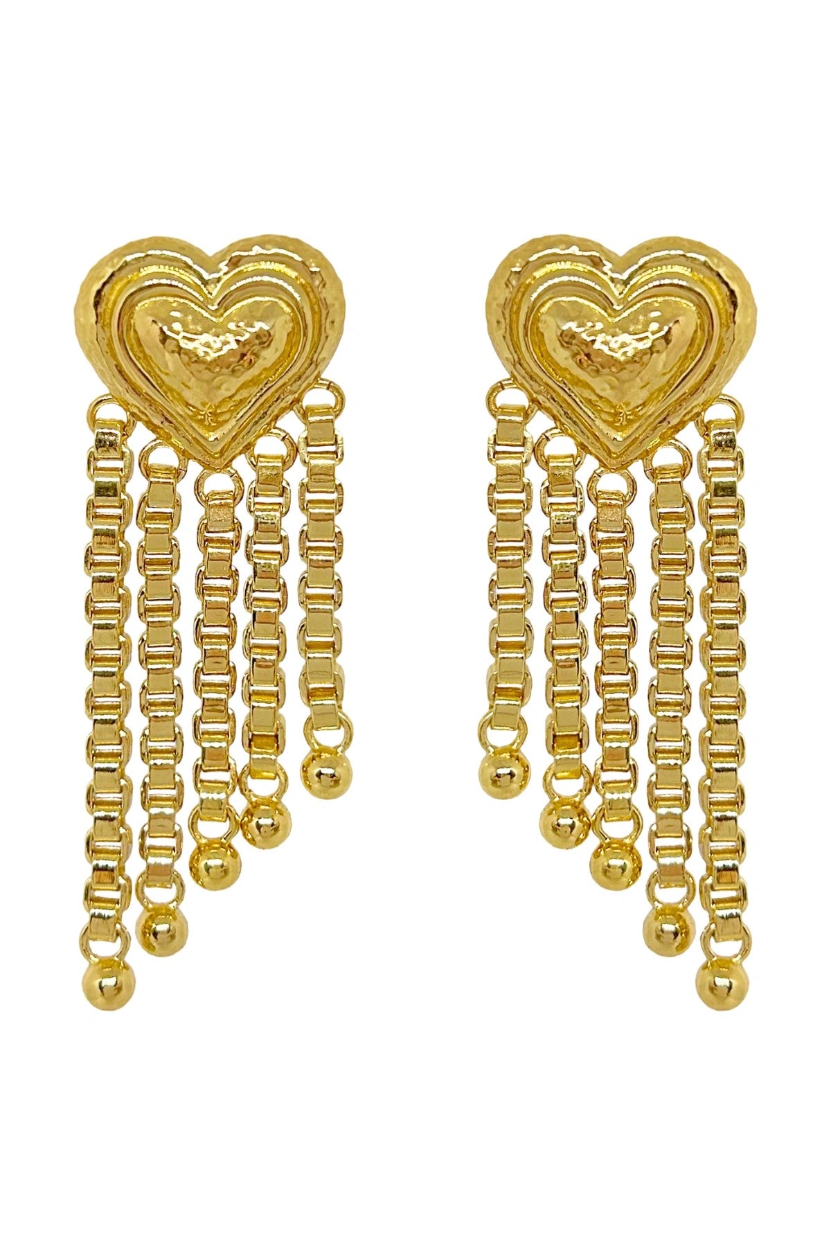 Carmen Earrings by Porter Jewellery — gold heart-drop earrings with chain fringe and a polished textured finish, perfect for bold feminine styling.