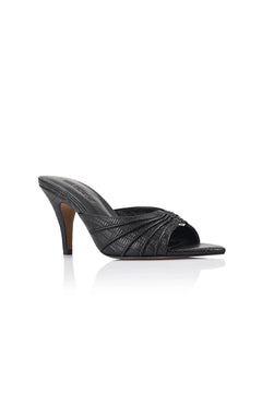 Carrie Mule by Lana Wilkinson, black lizard-embossed leather with gathered straps and stiletto heel. Perfect for chic day-to-night wear.