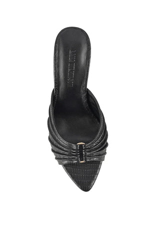 Carrie Mule by Lana Wilkinson, black lizard-embossed leather with gathered straps and stiletto heel. Perfect for chic day-to-night wear.