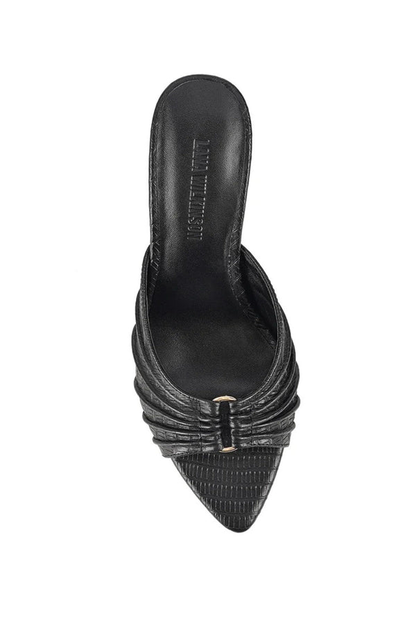 Carrie Mule by Lana Wilkinson, black lizard-embossed leather with gathered straps and stiletto heel. Perfect for chic day-to-night wear.