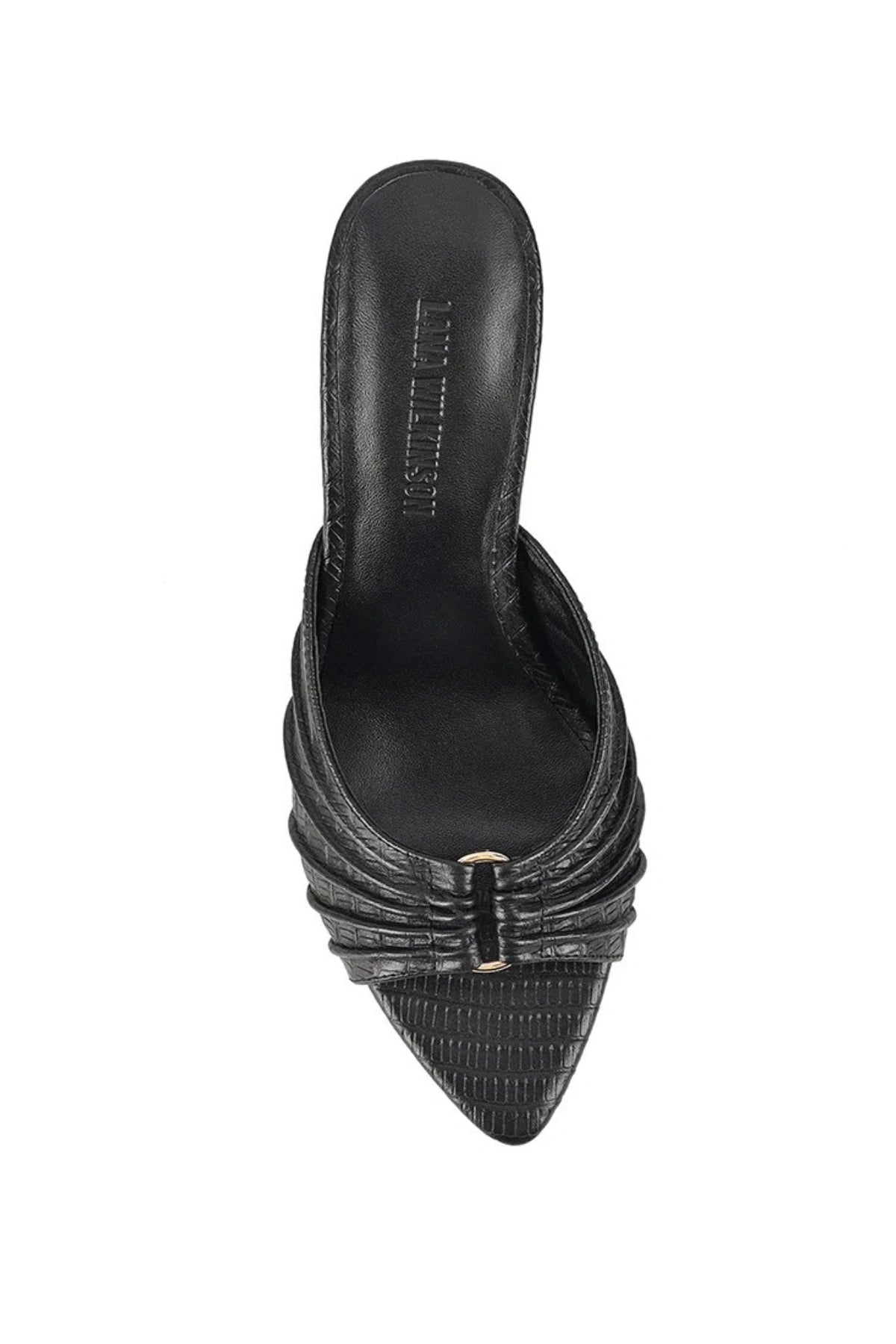 Carrie Mule by Lana Wilkinson, black lizard-embossed leather with gathered straps and stiletto heel. Perfect for chic day-to-night wear.