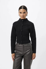 Carter Cardigan Black by Mossman - textured knit cardigan with high neck and fitted shape, designed for a sleek modern look.
