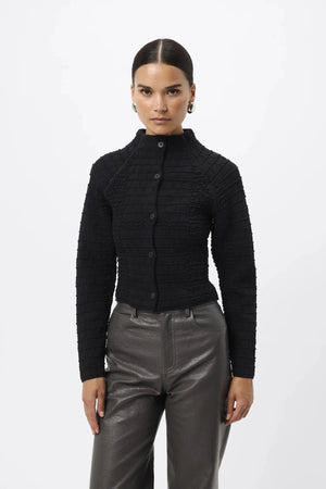 Carter Cardigan Black by Mossman - textured knit cardigan with high neck and fitted shape, designed for a sleek modern look.