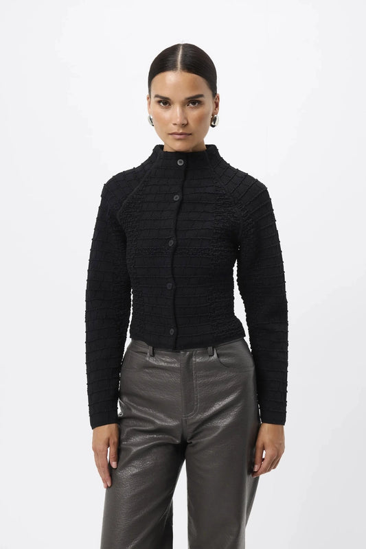 Carter Cardigan Black by Mossman - textured knit cardigan with high neck and fitted shape, designed for a sleek modern look.