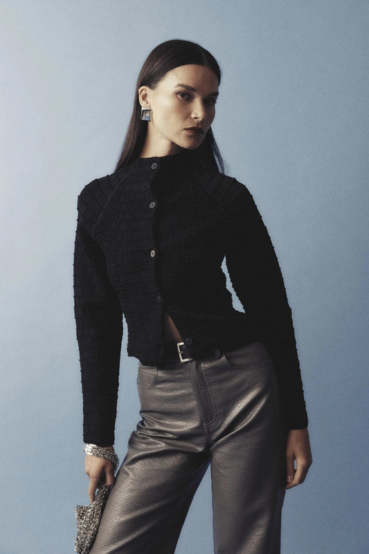 Carter Cardigan Black by Mossman - textured knit cardigan with high neck and fitted shape, designed for a sleek modern look.