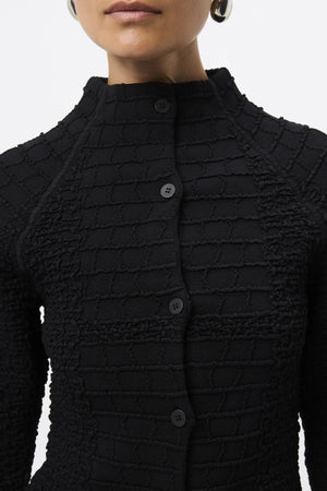 Carter Cardigan Black by Mossman - textured knit cardigan with high neck and fitted shape, designed for a sleek modern look.