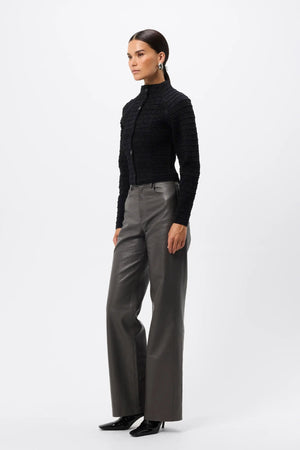 Carter Cardigan Black by Mossman - textured knit cardigan with high neck and fitted shape, designed for a sleek modern look.