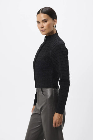 Carter Cardigan Black by Mossman - textured knit cardigan with high neck and fitted shape, designed for a sleek modern look.
