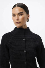 Carter Cardigan Black by Mossman - textured knit cardigan with high neck and fitted shape, designed for a sleek modern look.