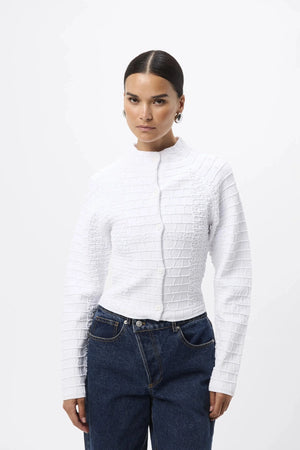 Carter Cardigan White by Mossman - textured knit cardigan with high neck and fitted shape, designed for a sleek modern look.