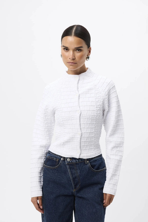Carter Cardigan White by Mossman - textured knit cardigan with high neck and fitted shape, designed for a sleek modern look.