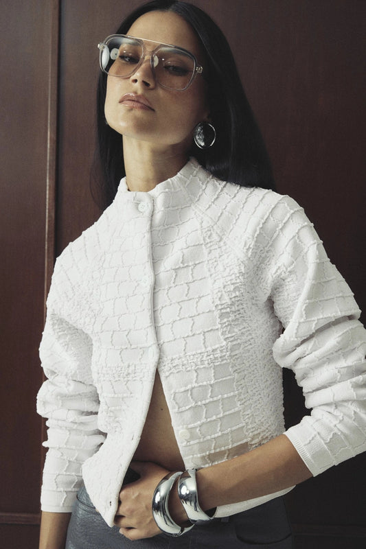 Carter Cardigan White by Mossman - textured knit cardigan with high neck and fitted shape, designed for a sleek modern look.