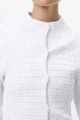 Carter Cardigan White by Mossman - textured knit cardigan with high neck and fitted shape, designed for a sleek modern look.