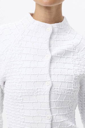 Carter Cardigan White by Mossman - textured knit cardigan with high neck and fitted shape, designed for a sleek modern look.