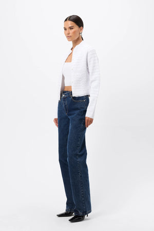Carter Cardigan White by Mossman - textured knit cardigan with high neck and fitted shape, designed for a sleek modern look.