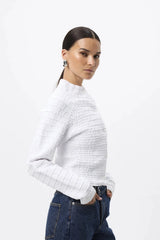 Carter Cardigan White by Mossman - textured knit cardigan with high neck and fitted shape, designed for a sleek modern look.