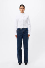 Carter Cardigan White by Mossman - textured knit cardigan with high neck and fitted shape, designed for a sleek modern look.