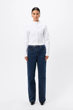 Carter Cardigan White by Mossman - textured knit cardigan with high neck and fitted shape, designed for a sleek modern look.