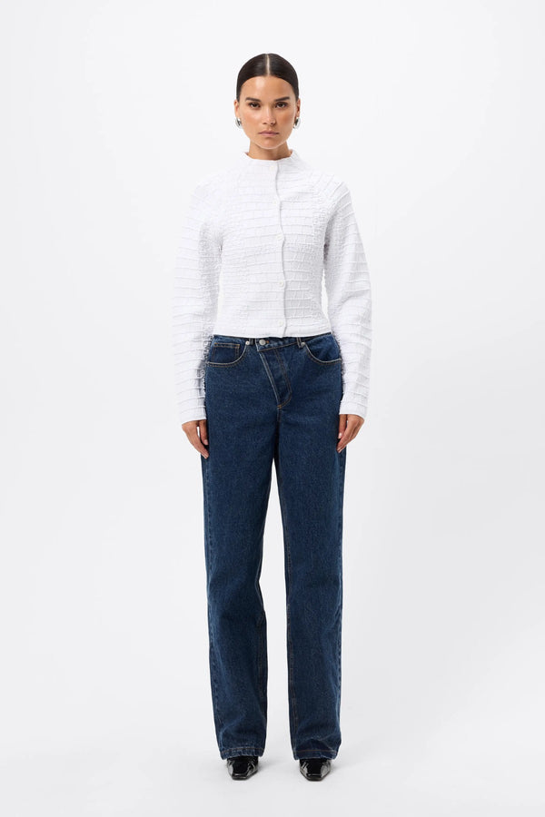 Carter Cardigan White by Mossman - textured knit cardigan with high neck and fitted shape, designed for a sleek modern look.