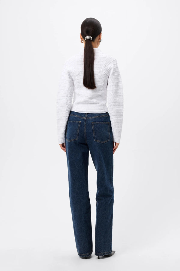 Carter Cardigan White by Mossman - textured knit cardigan with high neck and fitted shape, designed for a sleek modern look.
