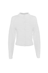 Carter Cardigan White by Mossman - textured knit cardigan with high neck and fitted shape, designed for a sleek modern look.