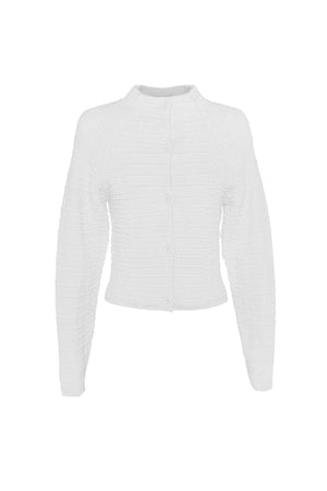 Carter Cardigan White by Mossman - textured knit cardigan with high neck and fitted shape, designed for a sleek modern look.