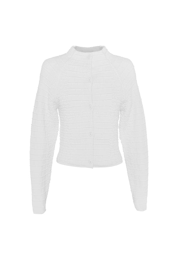 Carter Cardigan White by Mossman - textured knit cardigan with high neck and fitted shape, designed for a sleek modern look.