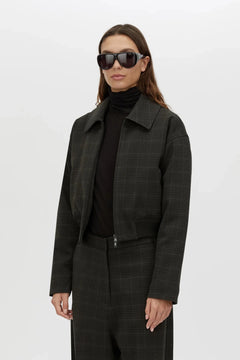 Casio Cropped Bomber in Charcoal by Camilla and Marc, a checked cropped bomber jacket with double-ended zip and blouson silhouette.