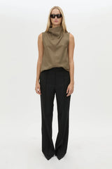 Cassie Slim Pant in Black by Camilla and Marc, a high-waisted slim tailored pant with pintuck detailing and refined wool blend finish.