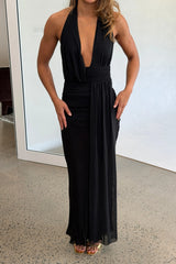 Cassis Drape Maxi Dress Black by Bec + Bridge, draped maxi dress with halter neck and backless design. Perfect for events or evening wear.