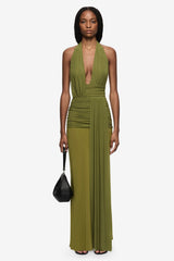 Cassis Drape Maxi Dress Fern by Bec + Bridge, draped maxi dress with halter neck and backless design. Perfect for events or evening wear.