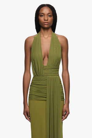Cassis Drape Maxi Dress Fern by Bec + Bridge, draped maxi dress with halter neck and backless design. Perfect for events or evening wear.