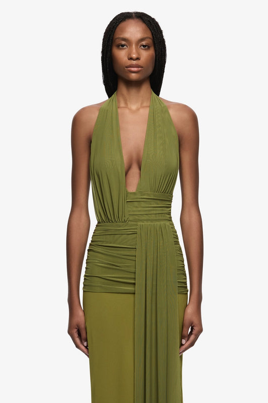 Cassis Drape Maxi Dress Fern by Bec + Bridge, draped maxi dress with halter neck and backless design. Perfect for events or evening wear.