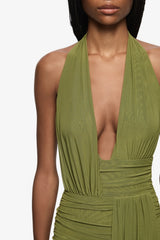 Cassis Drape Maxi Dress Fern by Bec + Bridge, draped maxi dress with halter neck and backless design. Perfect for events or evening wear.