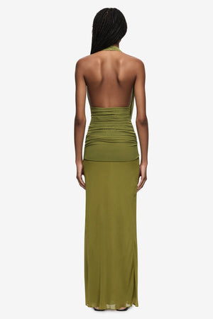 Cassis Drape Maxi Dress Fern by Bec + Bridge, draped maxi dress with halter neck and backless design. Perfect for events or evening wear.