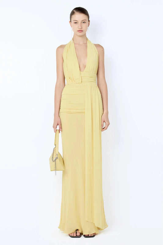 Cassis Drape Maxi Dress by Bec + Bridge, a soft mesh halter with bias georgette skirt and open back. Perfect for sunset soirées.