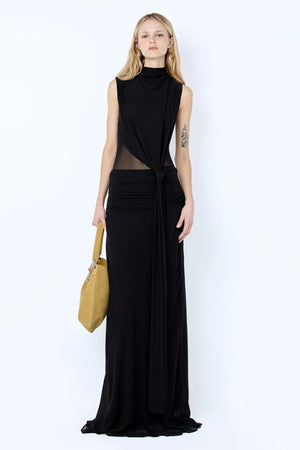 Cassis Knot Maxi Dress by Bec and Bridge in black, featuring a high gathered neckline, sheer midsection, and knotted side detail. Perfect for events.