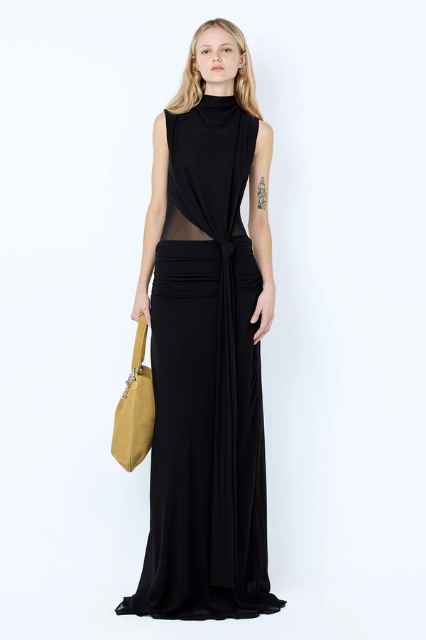 Cassis Knot Maxi Dress in Black by Bec + Bridge, a georgette maxi with gathered high neckline, sheer midsection, and cross-back detail.