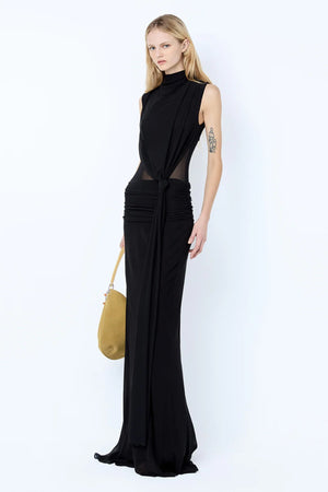 Cassis Knot Maxi Dress in Black by Bec + Bridge, a georgette maxi with gathered high neckline, sheer midsection, and cross-back detail.