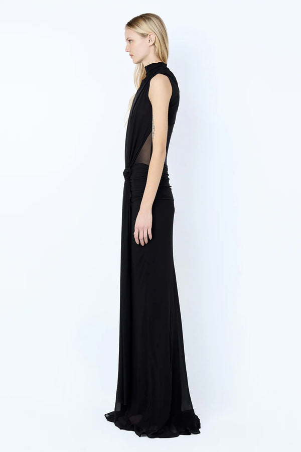 Cassis Knot Maxi Dress in Black by Bec + Bridge, a georgette maxi with gathered high neckline, sheer midsection, and cross-back detail.