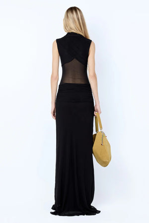 Cassis Knot Maxi Dress in Black by Bec + Bridge, a georgette maxi with gathered high neckline, sheer midsection, and cross-back detail.