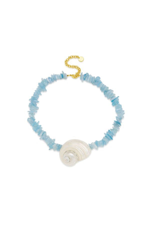 Cassis Necklace by Amber Sceats, handcrafted in Italy with aquamarine stones and seashells plated in 24K gold for coastal luxury.