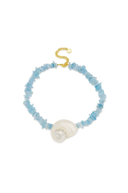 Cassis Necklace by Amber Sceats, handcrafted in Italy with aquamarine stones and seashells plated in 24K gold for coastal luxury.
